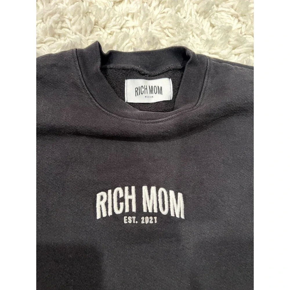 RICH MOM Embroidered‎ Pullover Sweatshirt Womens M Black Long Sleeve Crew Neck